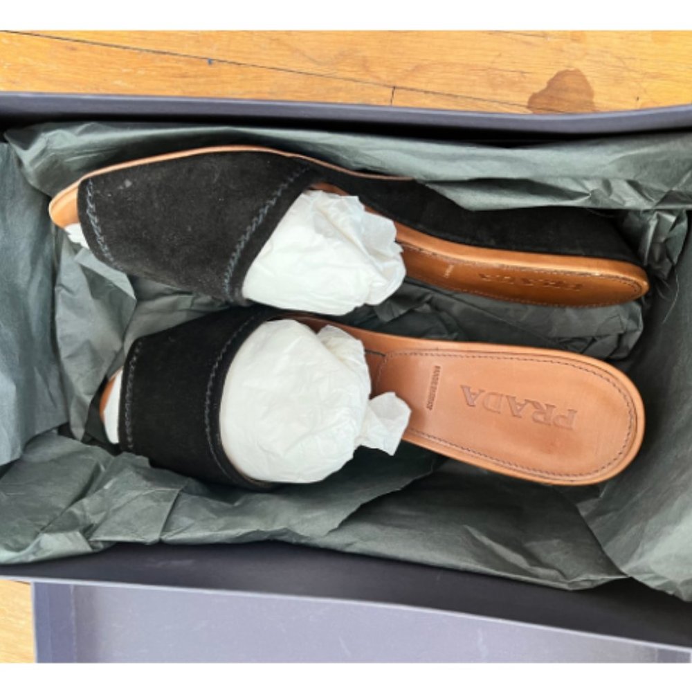 PRADA Black Suede Wedge Sandals Size 37 (Fits US 7) with Box - Picture 2 of 5